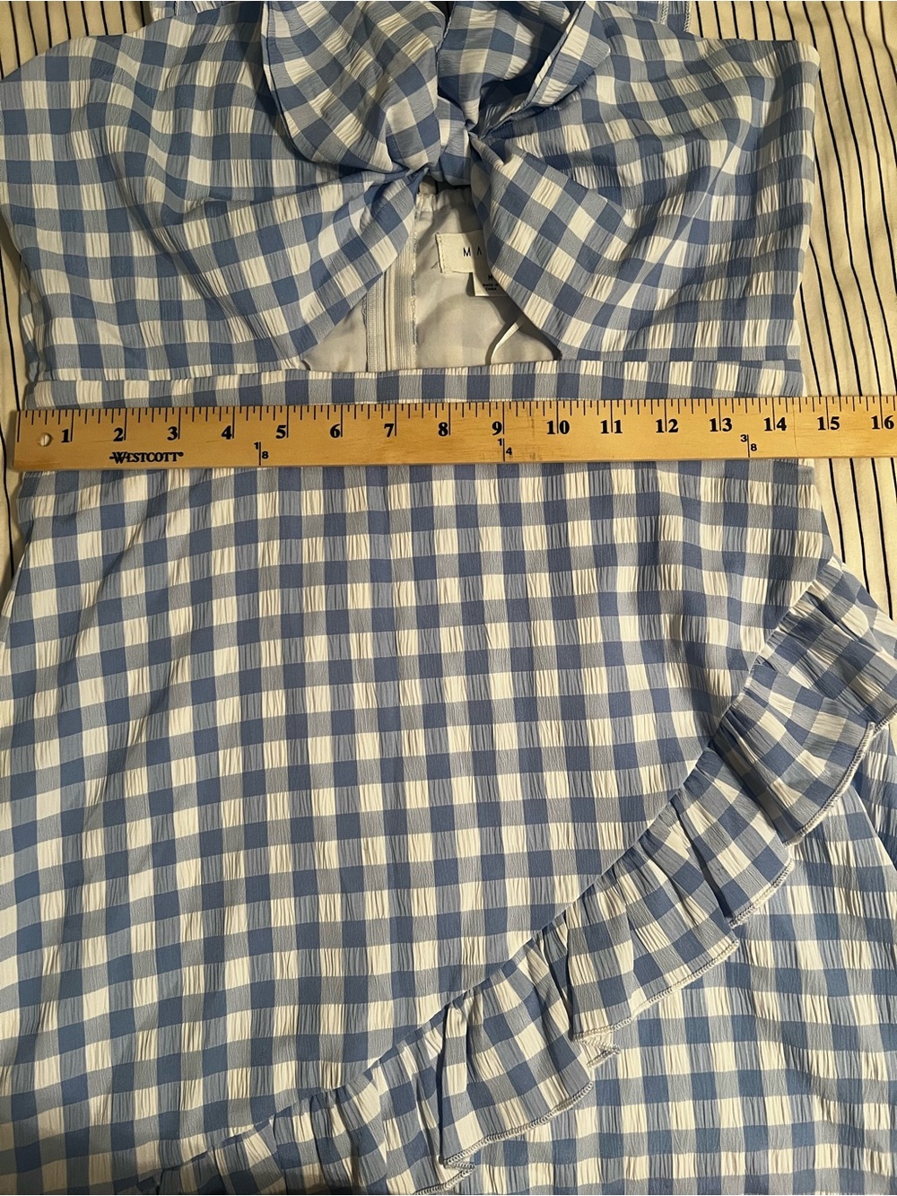Mable size medium blue gingham, cutout mini dress with ruffles. - Picture 11 of 12